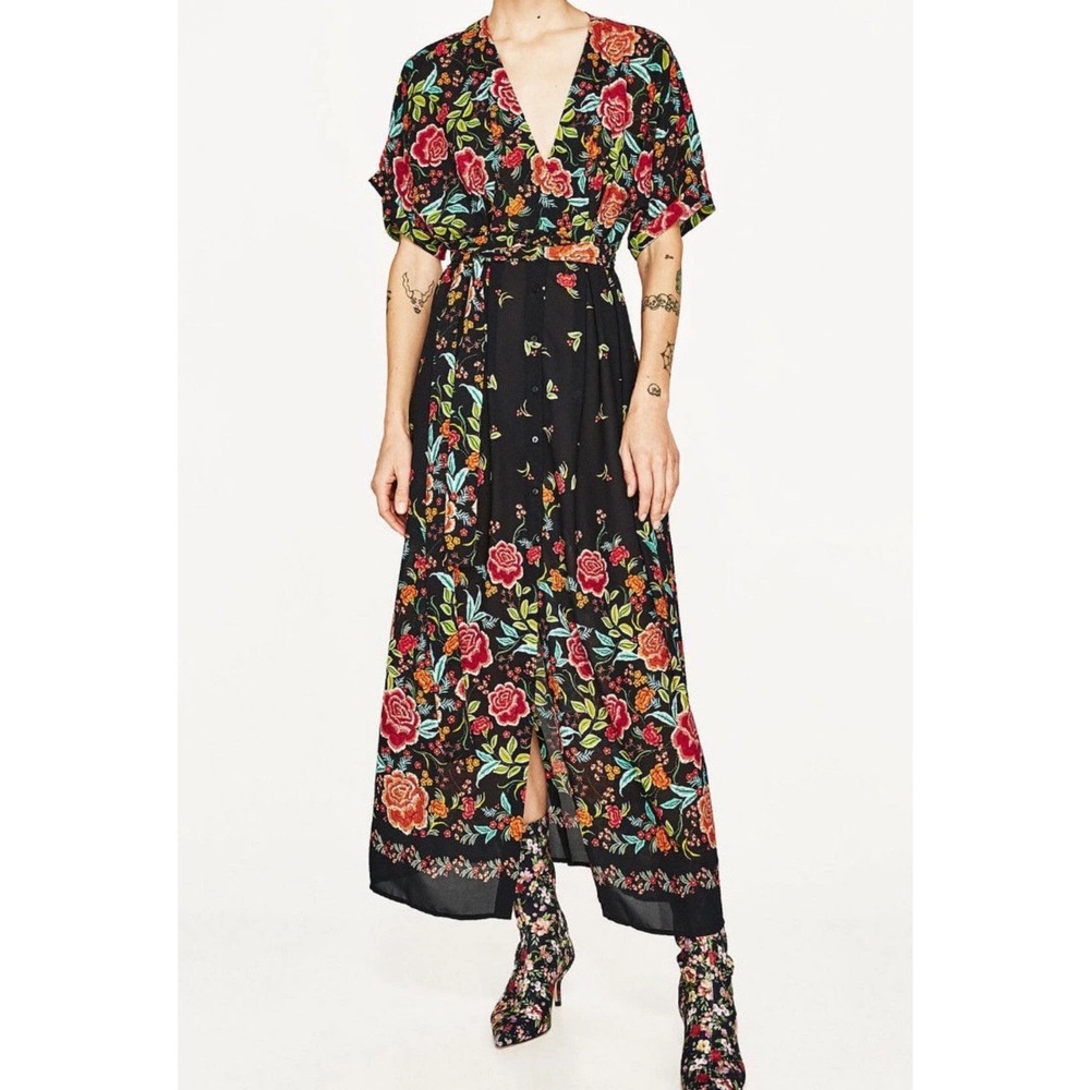 Zara Womens Boho Floral Maxi Dress Tie Front Cottage Festival Size M Whimsigoth
